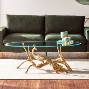 طاولة قهوة بتصميم طاووس وسطح زجاجي